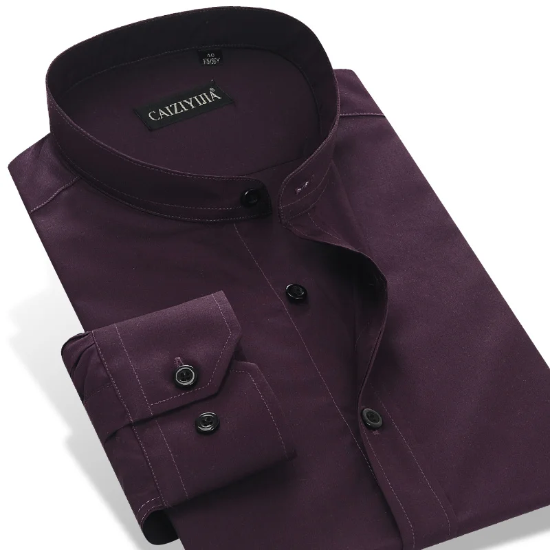 

Men's Long Sleeve Dark Purple Color Mandarin Collar Dress Shirt Cotton Slim Fit Solid Formal Shirts