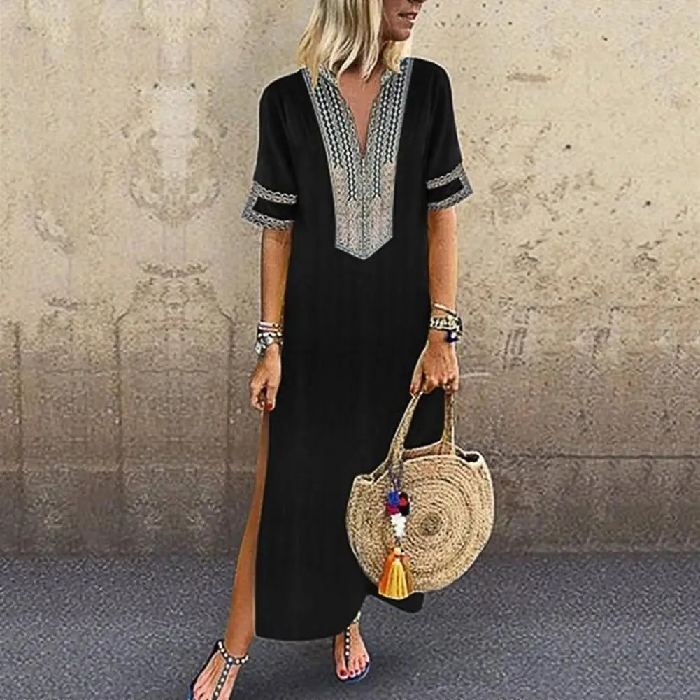 

Ladies Casual Large Hem Slit Dress Female Women Dress Ethnic Style for Dating