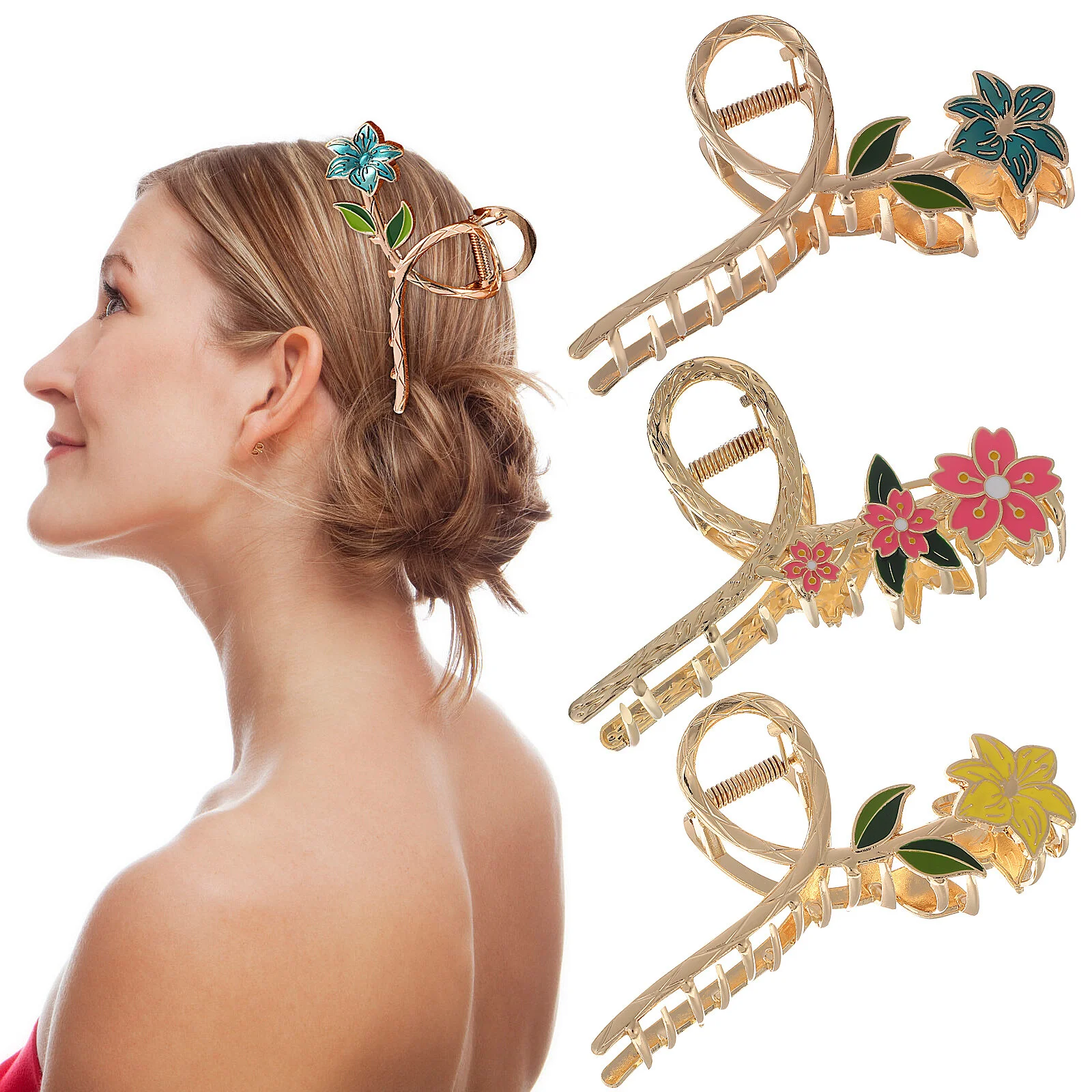 

3 Pcs Updo Shark Clips Hair Decor Metal Claw Flower Headpiece Clamp Women Girls Peach Blossom Catch Barrettes