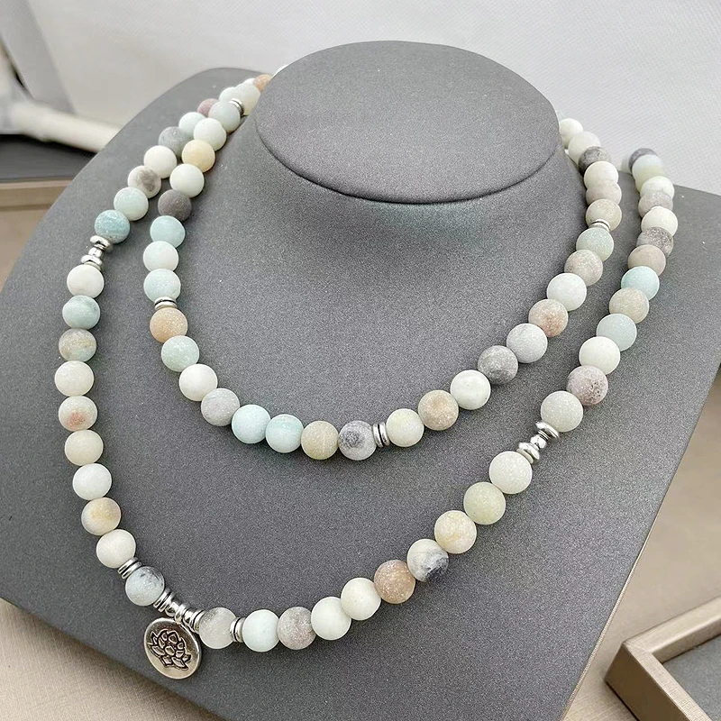 

Religion 108Beads Matte Amazonite Tasbih Prayer Beads Mala Bracelet Ancient Lotus Pendant Buddha Beads Yoga Bracelet