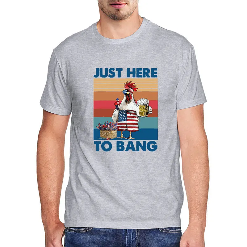 

Funny Chicken Beer Men's T-Shirt Graphic 4th of July Just Here To Bang USA Flag Shirt Vintage Mens Short Sleeve Tees Cotton Tops