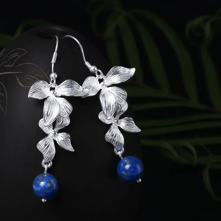 Boucles d'oreilles Lapis en argent Sterling S925 pour femmes, Style rétro chinois, longues pampilles, Style National, bijoux à offrir en cadeau