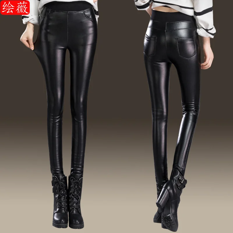 

new 2023 fall/winter stretch pu shiny black small feet high waist outer wear velvet leather pants KZ527