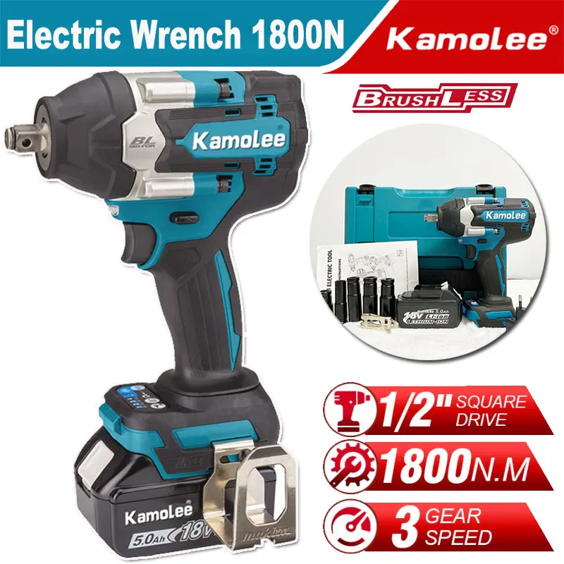 

Kamolee 1800 N.m 1/2 Torque Wrench Electric Impact Wrench Power Tools Inch Compatible with 18V Makita Battery.
