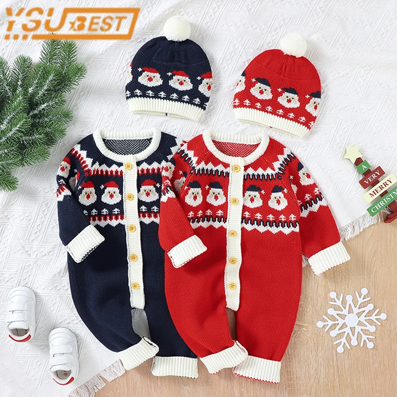 

Christmas Baby Clothes Autumn Winter Warm Romper Santa Claus Knitted Single-breasted Long Sleeve Jumpsuit+Hat Casual Outfit