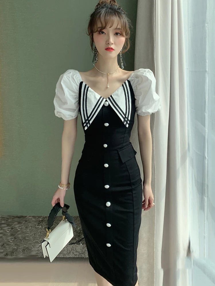 

Sweet Kawaii Girly Dresses for Women White Black Panelled Peter Pan Collar Puff Sleeve Single Breasted Midi Robe Party Vestidos