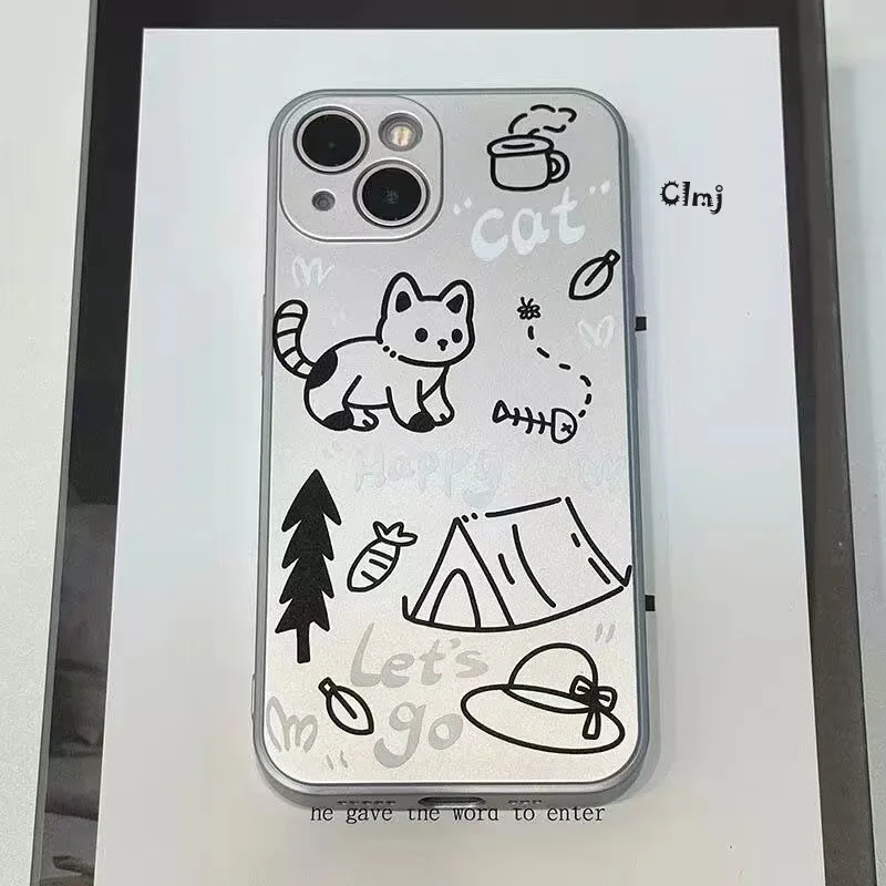 

Clmj Cute Cat Phone Case For iPhone 13 Mini 11 12 Pro 14 Plus Se 2020 X XS Max XR 7 8 Silicone Protective Plated Silver Cover