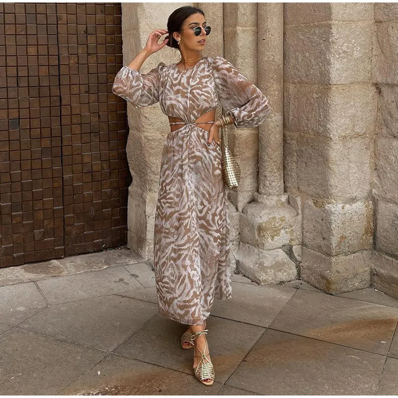 

Женское ажурное платье с цветочным принтом, Элегантное повседневное свободное пляжное платье с открытой спиной и длинным рукавом в стиле б...