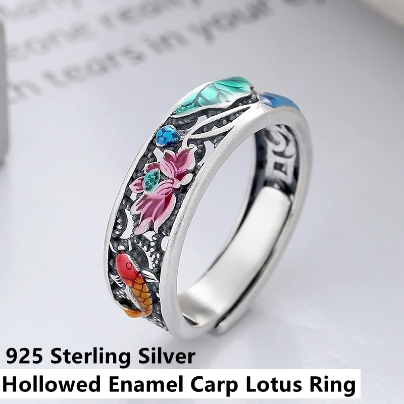 Langyan стерлингового серебра 925 пробы с полой эмалью кольцо изображением карпа и