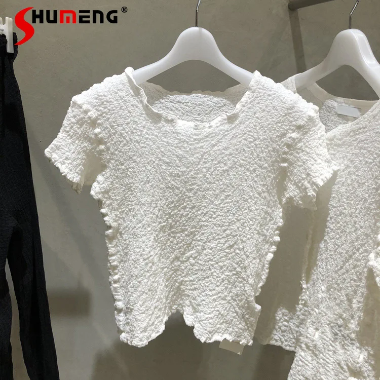 

2022 Spring and Summer New Slim Fit T Shirt Round Neck All-Matching Tops Pleated Short Sleeves T-shirt Female Solid Color Tees