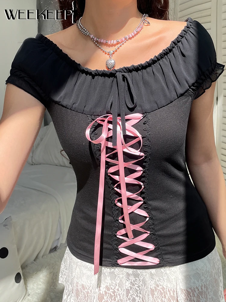 

Weekeep Casual Chiffon Top Women Short Sleeve Loose Ruffles Bandage Basic Cropped Tops Y2k Aesthetic Streetwear T-Shirts Summer
