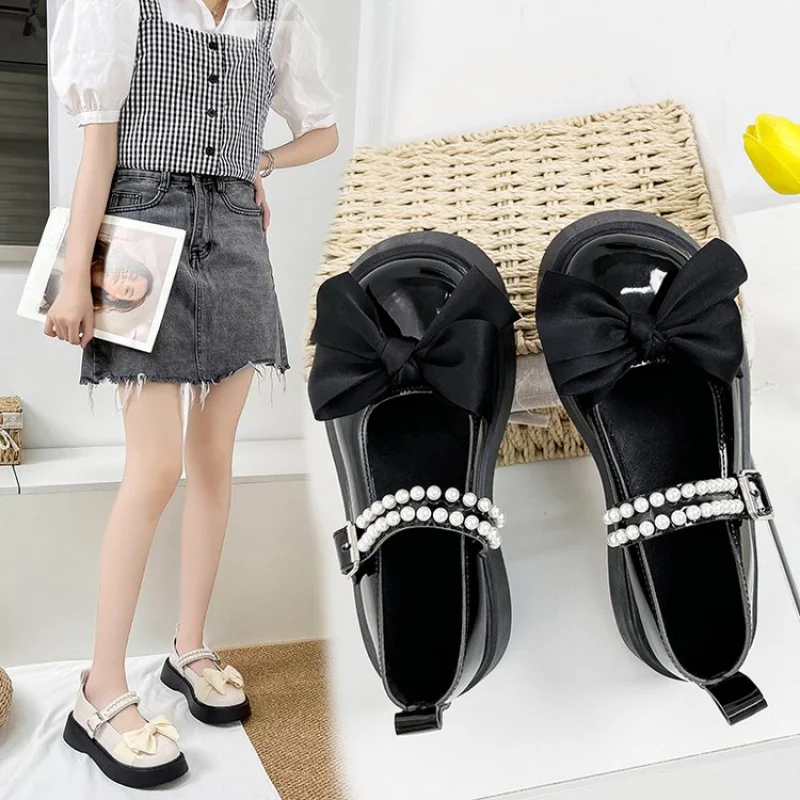 

Lolita Bow Rubber round Toe PumpsPUMid-Heel Platform Low-Top Shoes