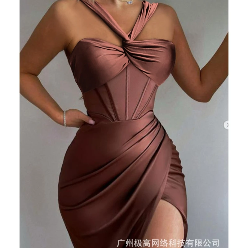 

Women's Dress Summer Sexy Solid Slim High Waist Slit Dress Women's Fashion Solid Backless Spaghetti Strap Strapless Dress