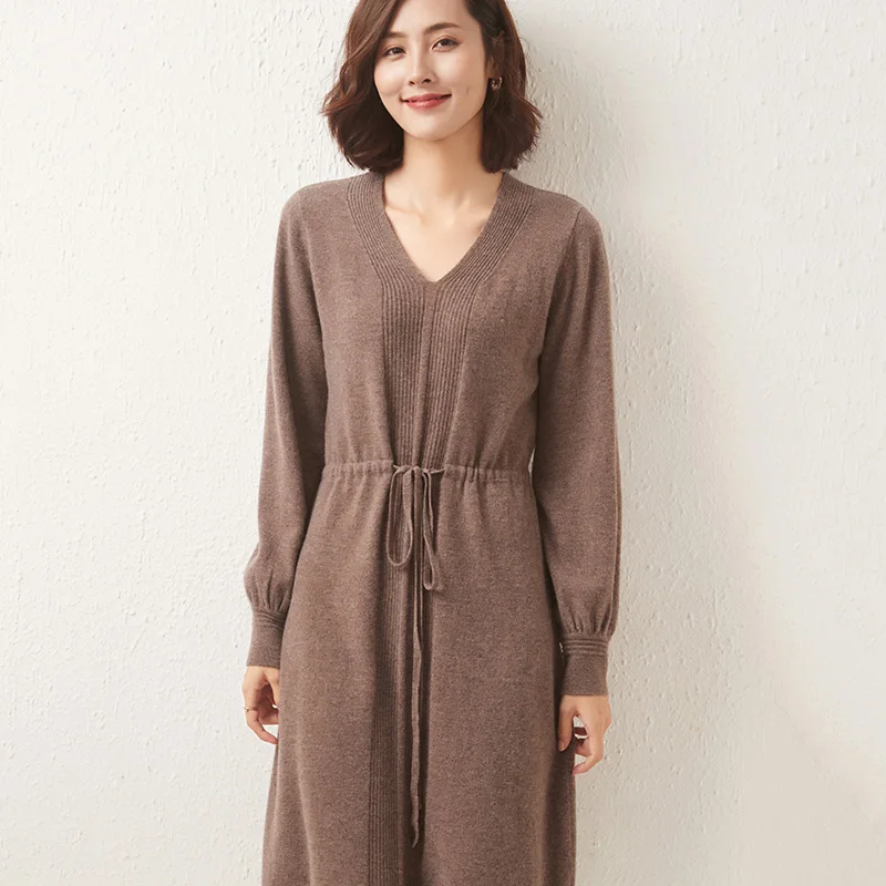 

Hot Sale Knitted for Women 2021 New Arrival Winter/ Autumn 100% Wool Sweater V-Neck Female Dresses Long Style S-XXL Girl Clothes