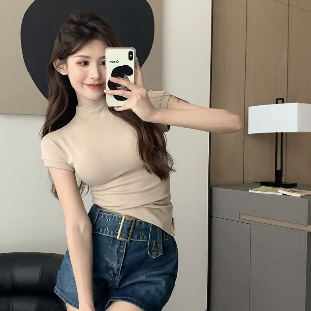 Модные футболки с короткими рукавами Milk Shreds однотонные женские топы круглым