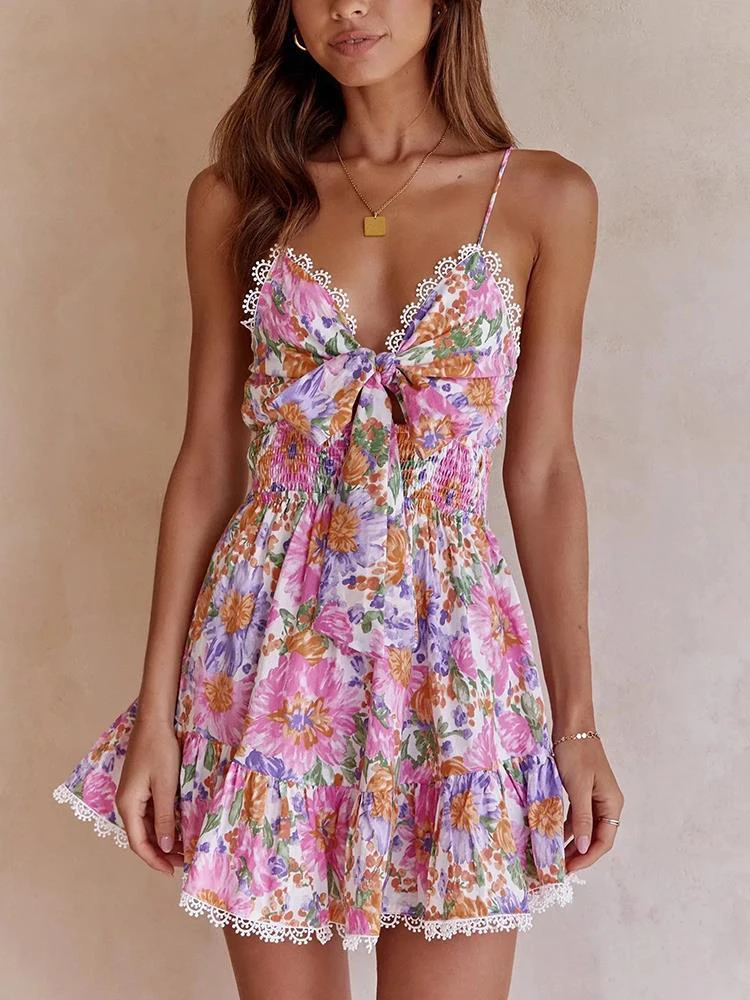 

Spaghetti Strap Bow Slip Summer Dress 2022 Women Clothes Lace Up Mini Party Dresses High Waist Holiday Dress Beachwear Vestido