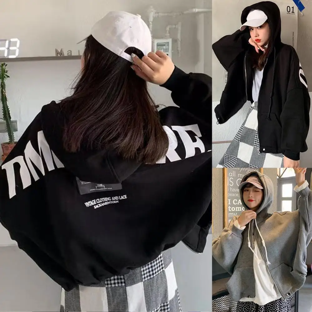 

Coat Autumn Loose Women Batwing Sleeve Hoodie Long Letters Print Plush Zipper Coat