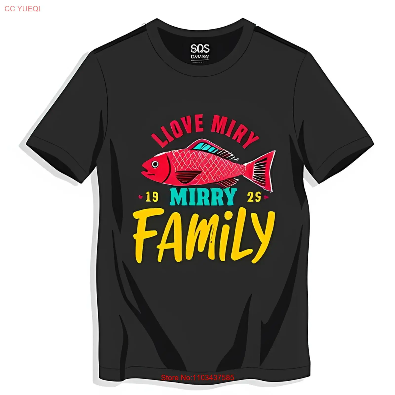 Причудливая черная футболка с красочным рисунком рыбы и текстом Love Mirry Family