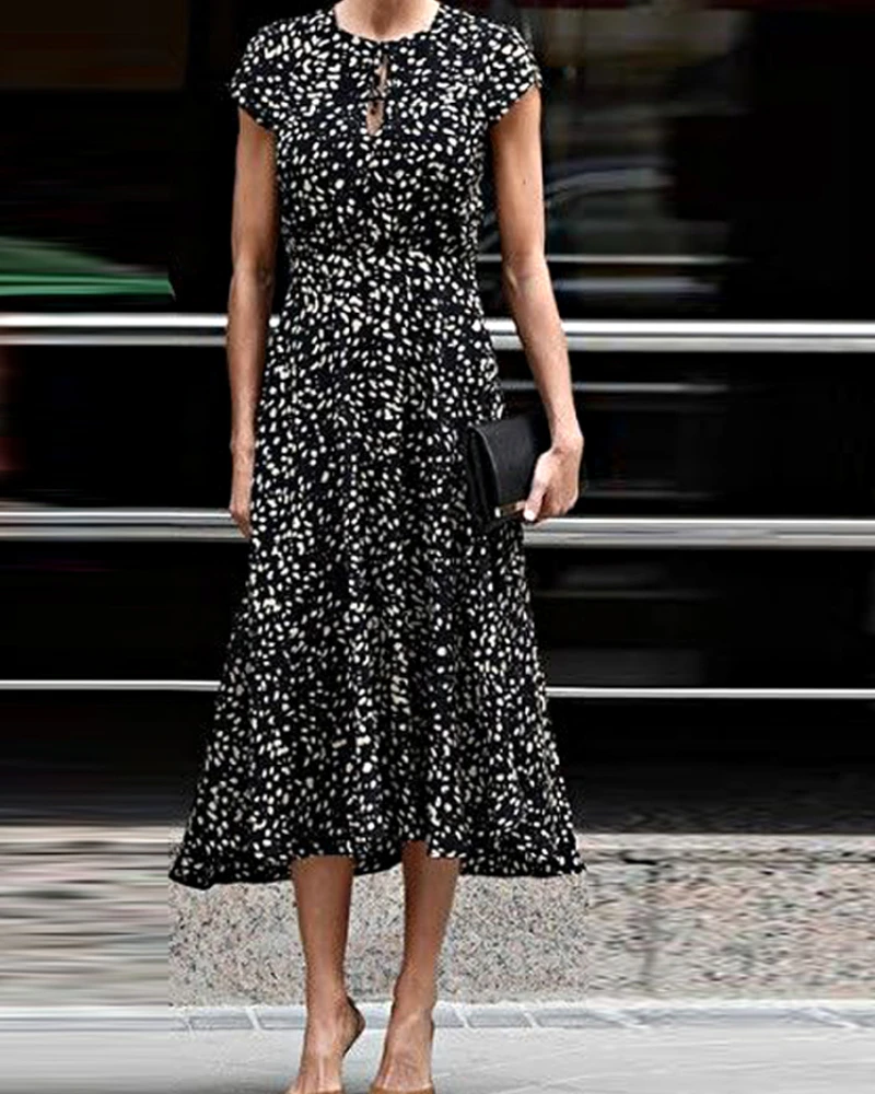 

New Elegant Vintage Dot Print Black Vacation Fashion Casual Party Dress Princess Designer High Quality Women's Spring Summer