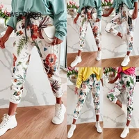 spring summer new flower print long pants fashion lace up elastic waist sport trousers casual women pocket sweatpants streetwear