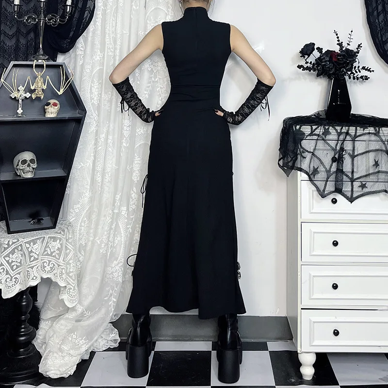 Женское платье без рукавов Goth Dark прозрачное Макси-платье с бандажным подолом и