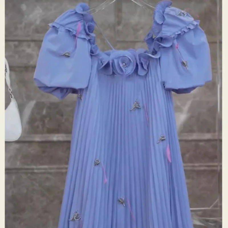 

Blue Square Collar Puffy Sleeve Printed Dress Summer