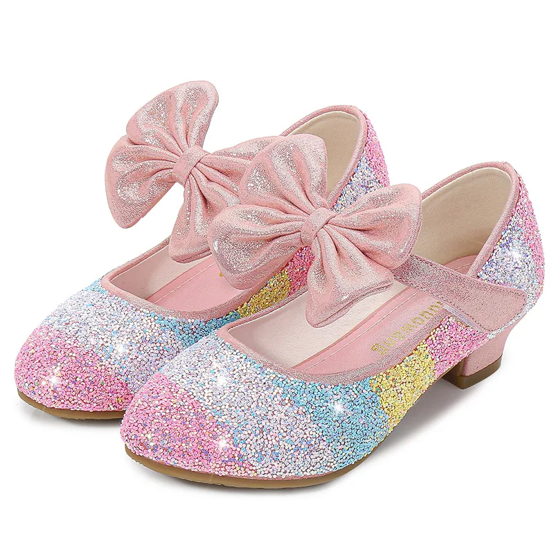 Girls Leather Shoes Princess  Shoes Children Shoes round-Toe Soft-Sole Big girls High Heel Princess Crystal Shoes Single Shoes