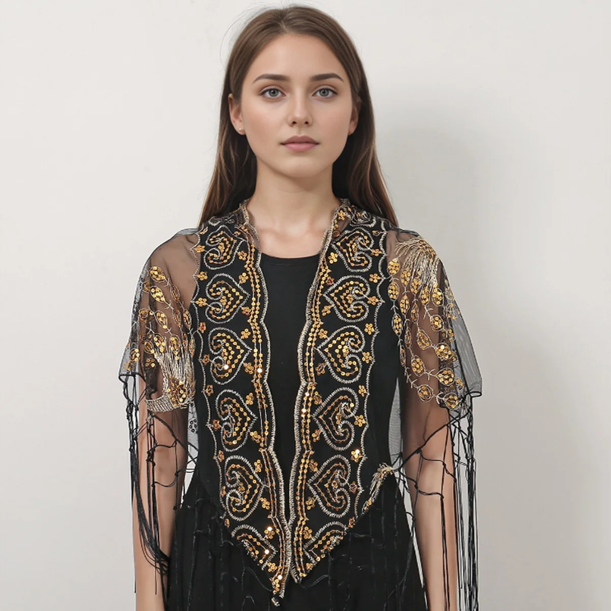 Пайетка шифоновый треугольный шарф с кисточками женские тонкие дышащие шарфы