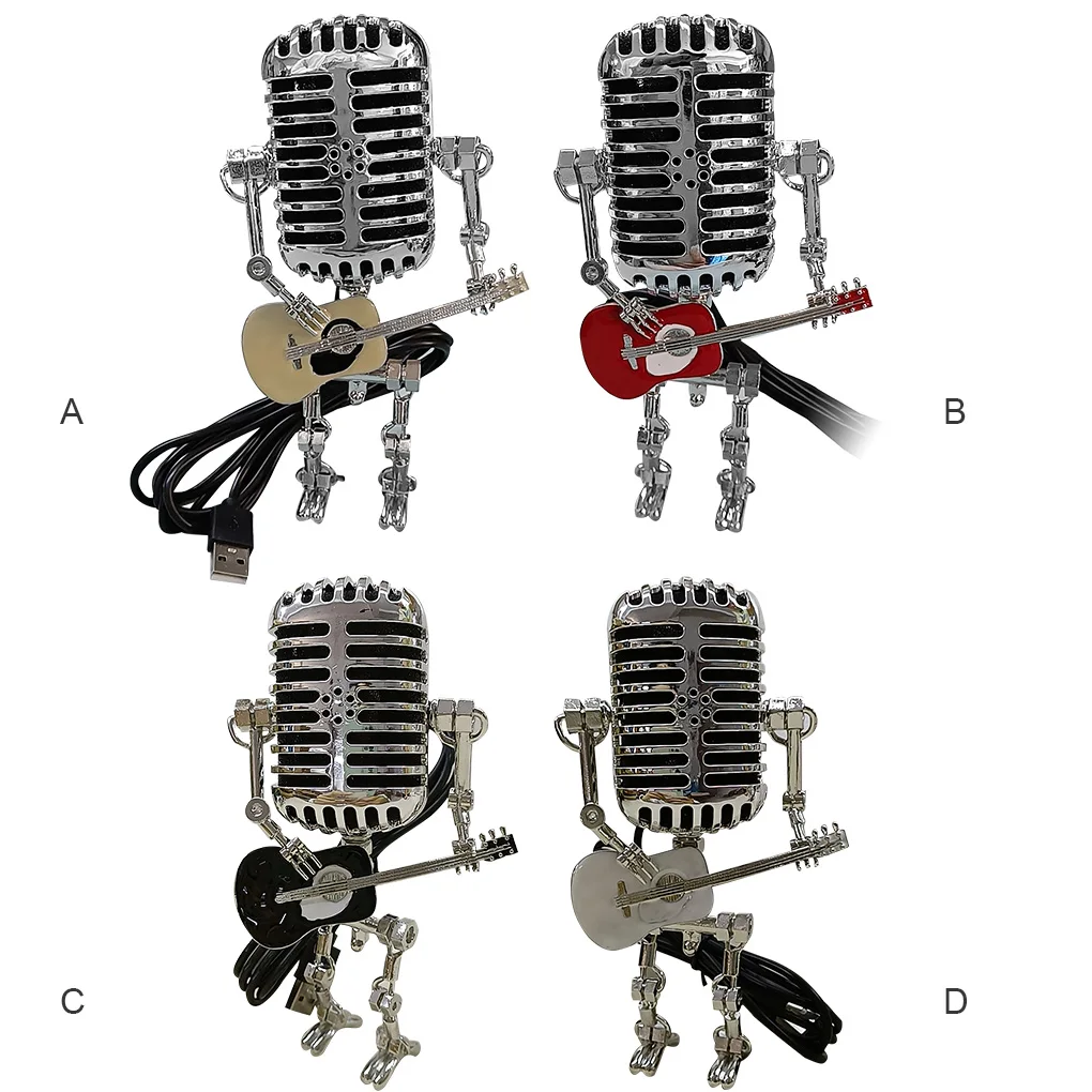 

Microphone Robot Desk Lamp with Guitar Metal Iron Art Desktop Light Home Bedroom Lighting Decor Red