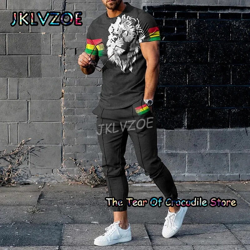 Summer Stripe Men's T Shirt+Trousers Tracksuit 2 Piece Set 3D Printing Newest Casual Short Sleeve+Pants Street Casual Clothes