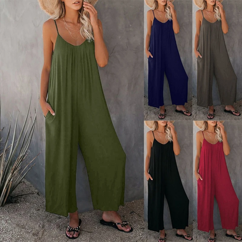 

2022 Rompers Women Jumpsuits Summer Sleeveless Playsuits New Style Casual Loose Solid Color Pocket Trousers