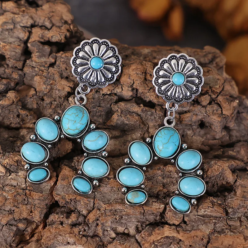 

SQUASH BLOSSOM Earrings For Women | Navajo Turquoise Cluster Dangle Earrings With Stone Navajo Jewelry December Birthstone Gifts