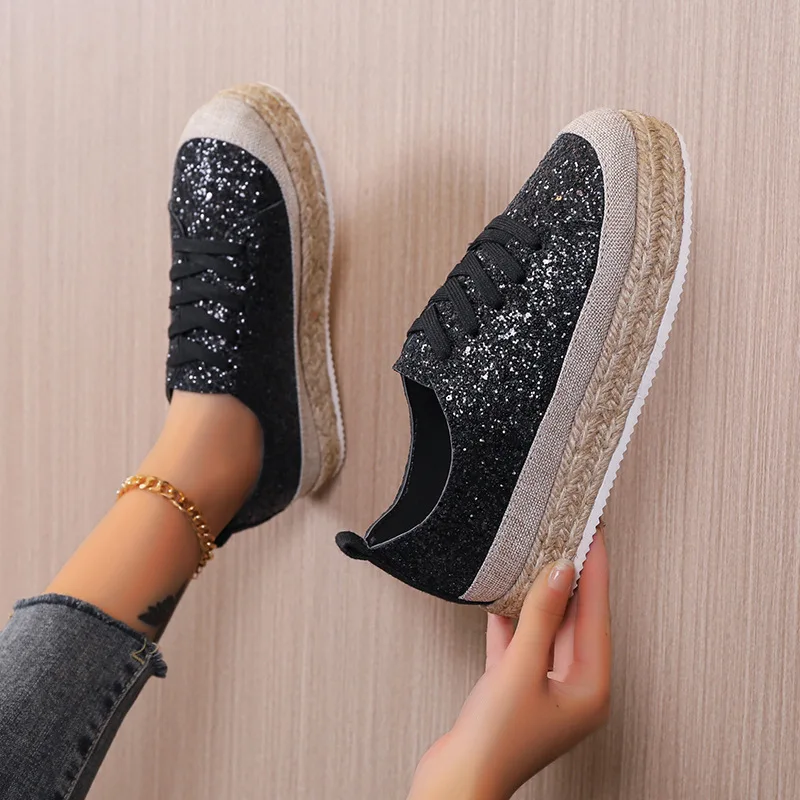 

2022 Women Vulcanize Shoes Sneakers Sliver Bling Shoes Girl Flat Glitter Sneakers Casual Female Breathable Lace Up Shoes