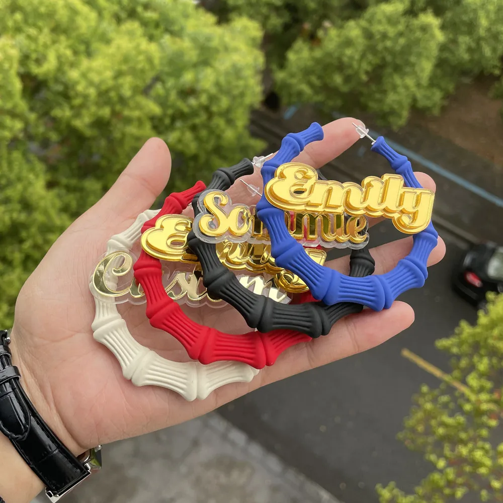 3UMeter Colorful Hoop Customized Name Earrings Women 40mm 70mm Summer Travel Personalized Earrings Gift