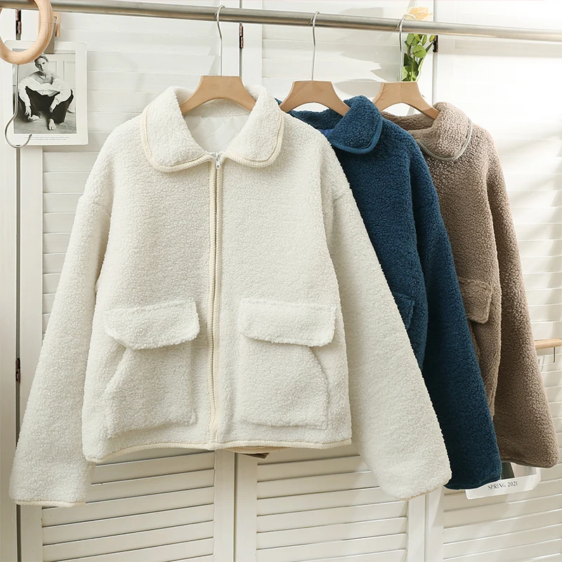 

Korean Fashion Loose Quilted Coats Female Turn Down Collar Long Sleeve Fluffy Coat Woman Pocket Casual Top Women Dropshipping