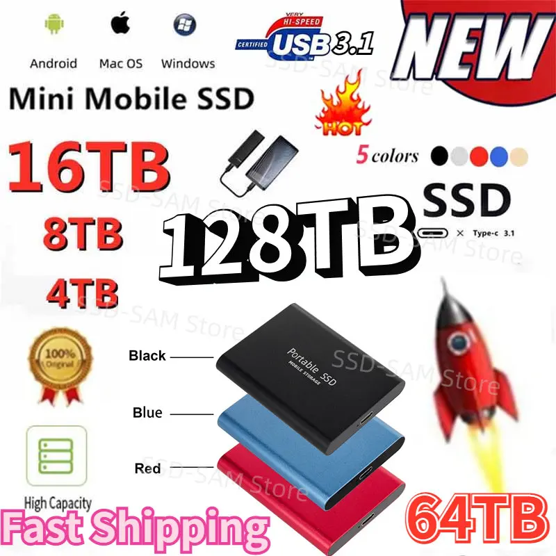 

Внешний Оригинальный Портативный SSD-накопитель большой емкости 128 ТБ, интерфейсы Mini-C/USB3.1 подходят для ПК/PS4/ноутбука