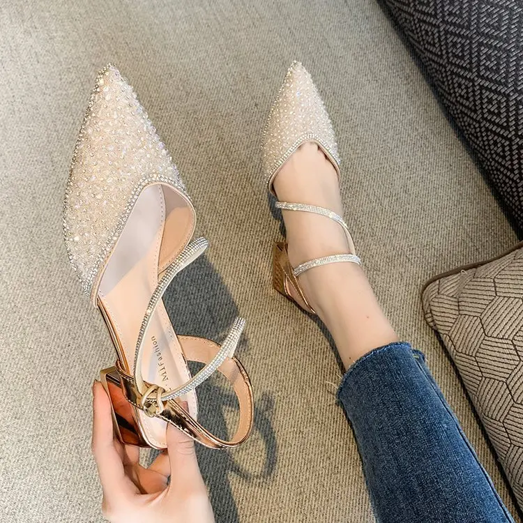 

2022 Summer Ladies Sandals Sole Heels Square Heels Sequin Slingback High Heels Ladies Dress Shoes Silver Ladies High Heels