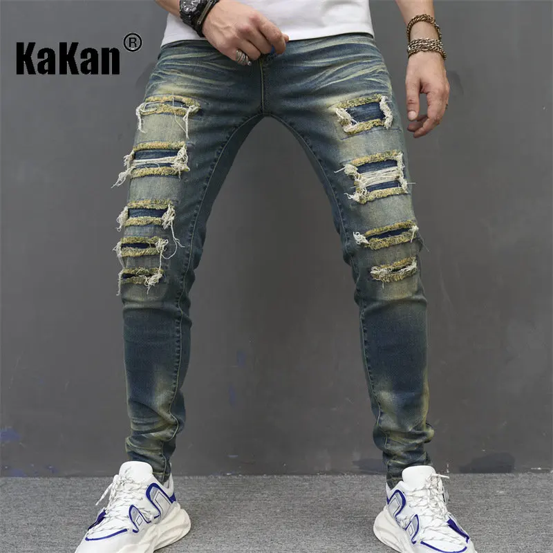 Kakan - New European and American Distressed and Worn Patch Jeans for Men, Slim Fitting Stretch Trendy Long Jeans K013-629