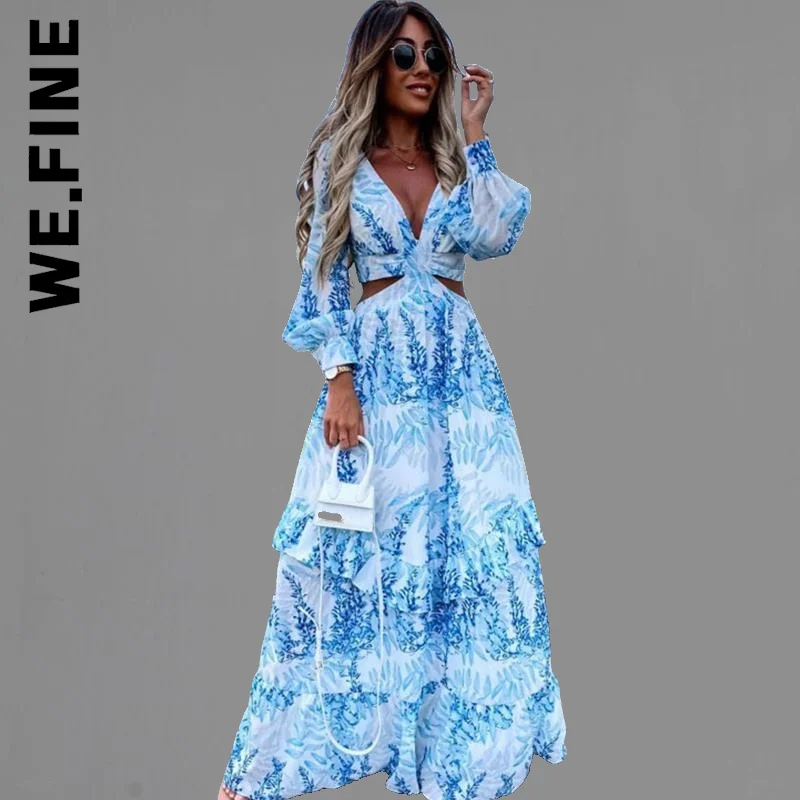 

We.Fine Women New Maxi Dress V-Neck Backless Hollow Out Lantern Sleeve Long Dresses Cheap Dresses Woman Female Vestidos