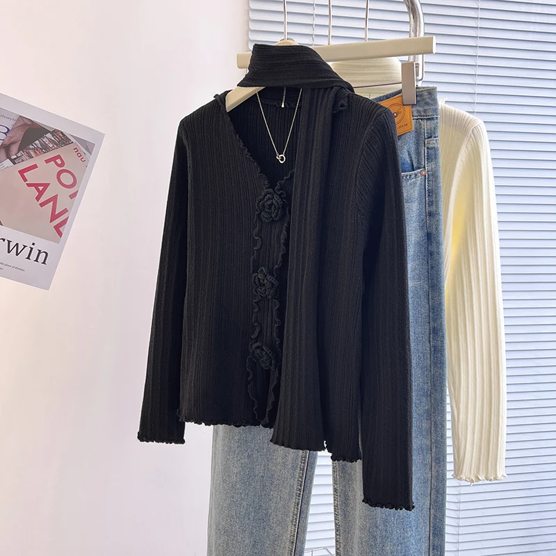 Мягкие клейкие пуловеры с v-образным вырезом женские топы объемными цветами и