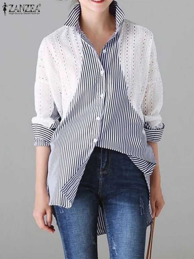 ZANZEA женские рубашки в полоску с принтом модные кружевные топы праздничные