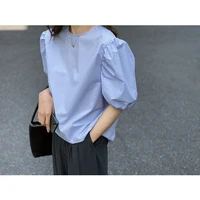 2022 summer new washed cotton solid color womens shirt bubble sleeve top short sleeve shirt chiffon soft shirts for female