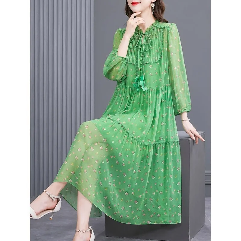 

2022 Green Floral Mulberry Silk Beach Midi Dress Spring Summer Loose Large Size Dress Women Elegant Bodycon Party Vestidos E237