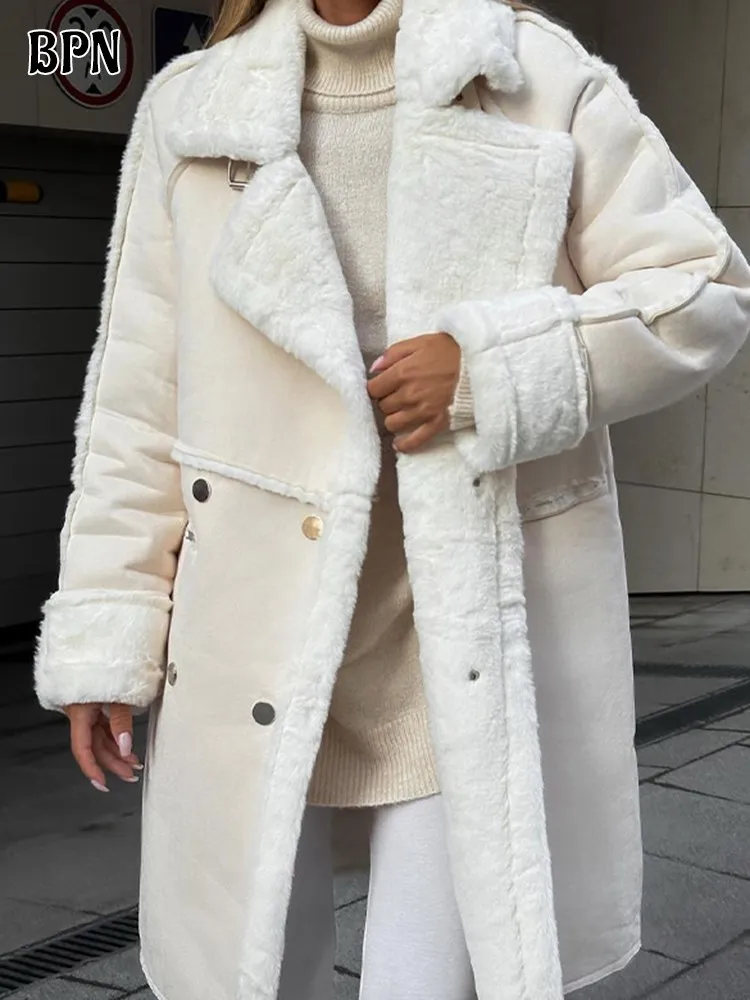 

BPN Spliced Lambswool Jackets For Women Lapel Long Sleeve Patchwork Pockets Double Breasted Loose Winter Coats Female Clothing