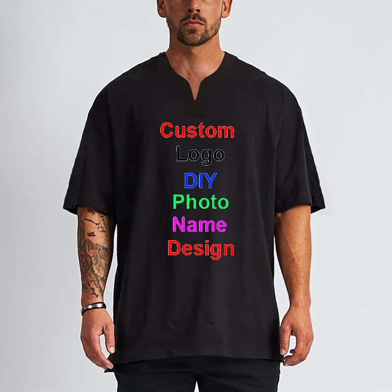 

Мужская хлопковая футболка большого размера с логотипом бренда «сделай сам», свободная футболка с открытыми плечами и v-образным вырезом, с...