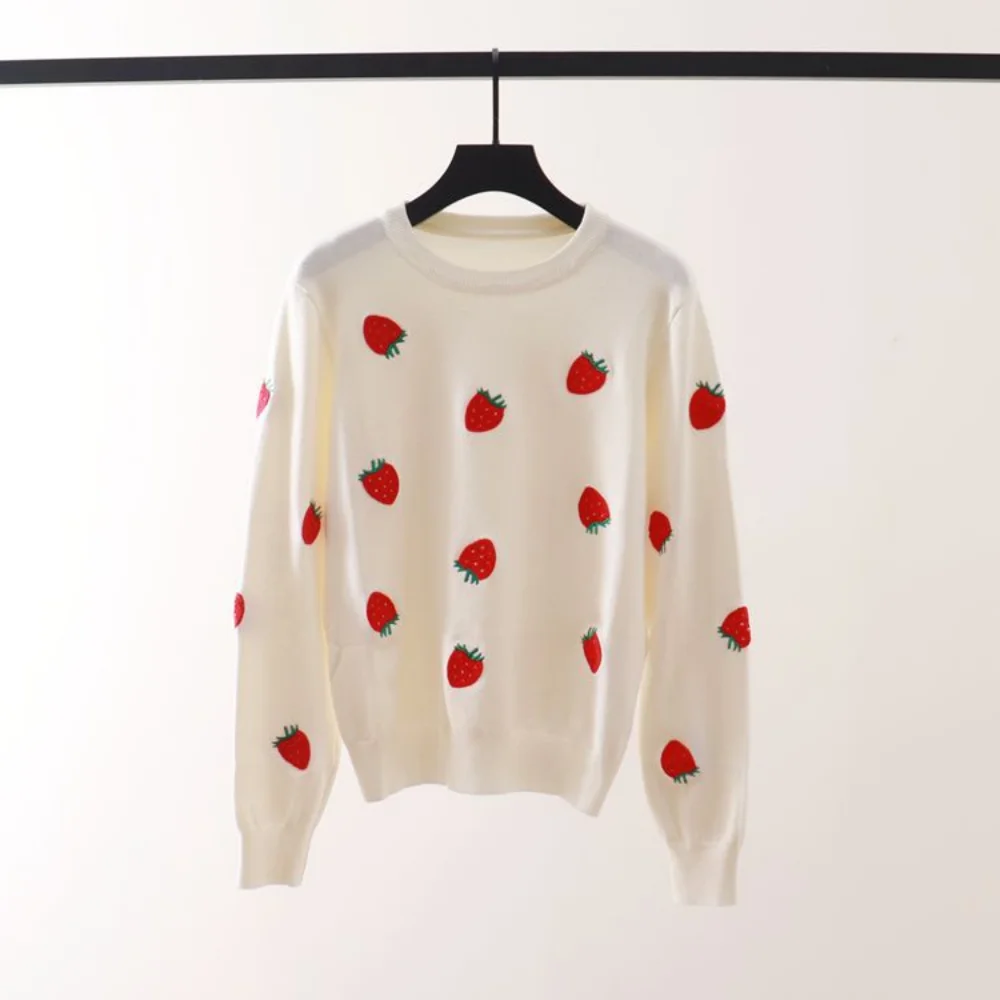 

Милый вязаный свитер с вышивкой клубники, женские свитера, японская кавайная женская одежда Ulzzang в Корейском стиле Харадзюку для женщин