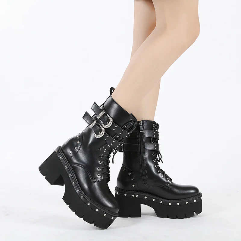 

Women Boots High Heel Plus Size 43 Buckle Lace-Up Rivet Ankle Martens Booties Thick Sole Autumn Winter Free Shipping Botas Mujer