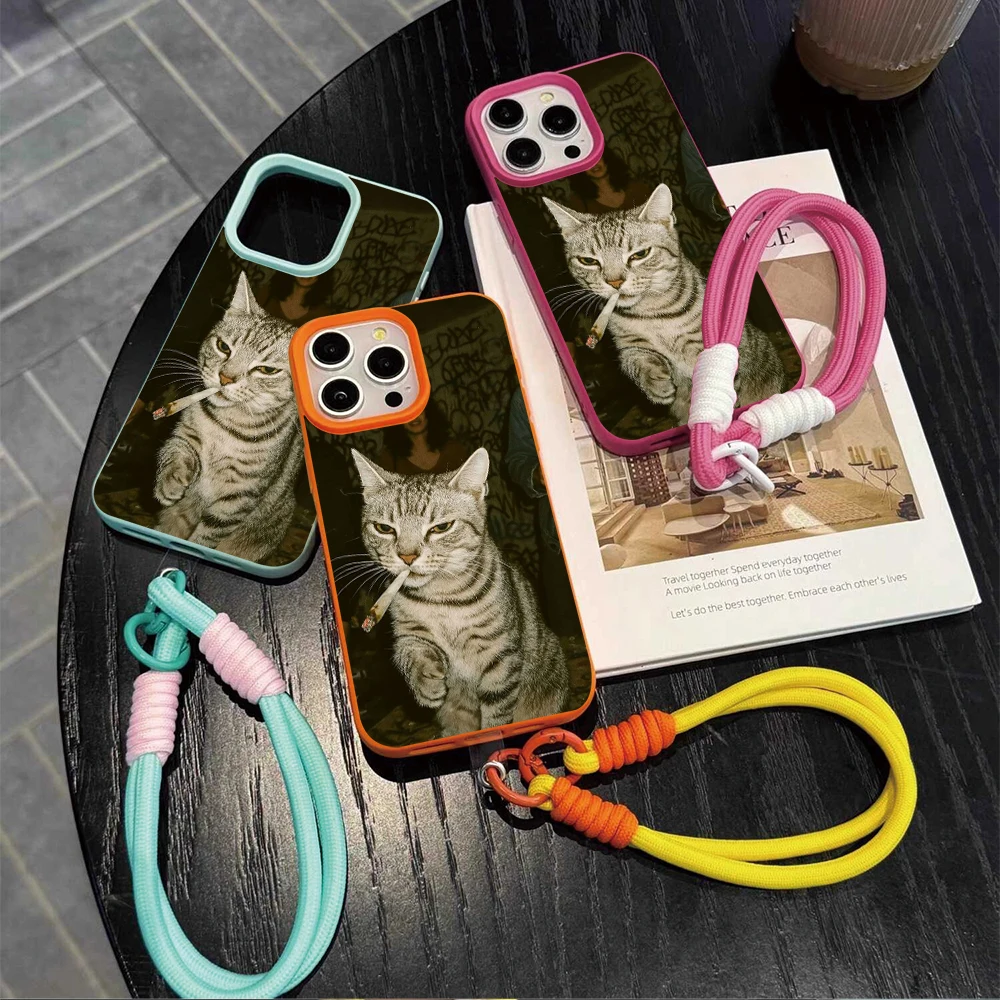 Фото Чехол для телефона с ремешком и рисунком котенка для iPhone 17, 16, 15, 14, 13, 12, 11 Pro Max, 16, 15, 14 Plus, 17, 16, 15 Pro, 17 Air, силиконовый матовый чехол №2