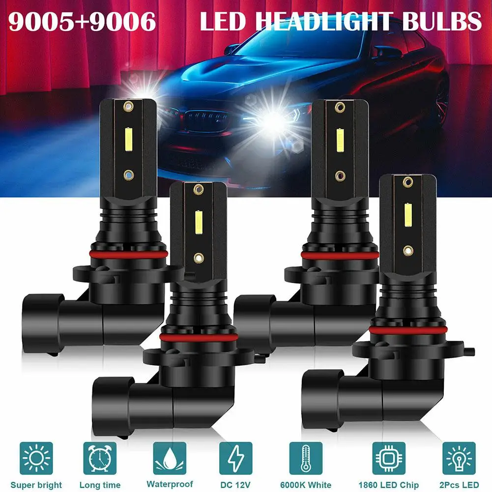 

4 Pcs 9005 9006 Led Combo Headlight Bulbs High Low Beam Kit 6000k Xenon Ultra White Aluminum Auto Car Headlamp