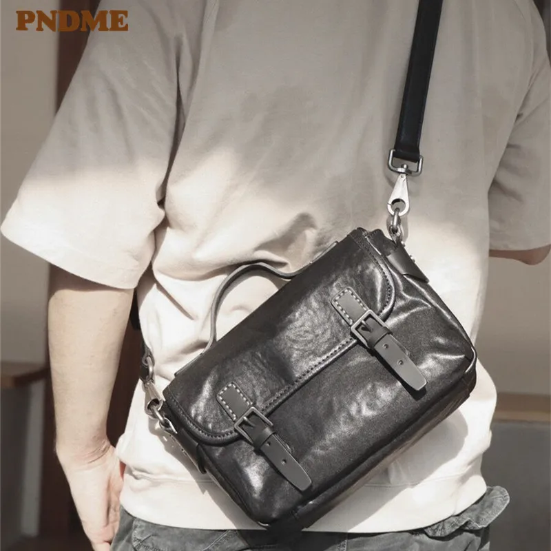 PNDME casual designer organizer luxury genuine leather men balck messenger bag outdoor daily natural real cowhide shoulder bag